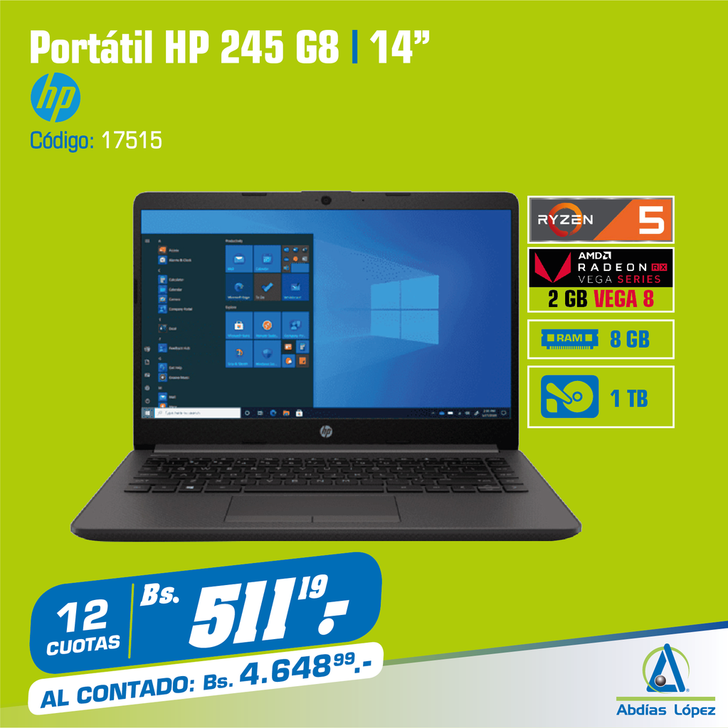 PORTATIL HP 245 G8 (2Q6EOLT) RYZEN 5 3500U 8GB 1TB 2GBVID 14 P-2Q6EOLT