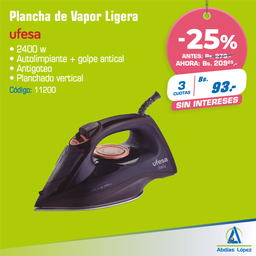 [I-11200] PLANCHA A VAPOR UFESA 2400 W BASE CERAMICA P-PV1100